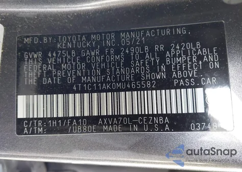 2021 Toyota Camry Le из США, поврежденный, VIN 4T1C11AK0MU465582